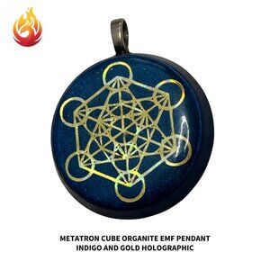 Metatron Cube Indigo Gold Holographic EMF Pendant Orgonite Sacred Geometry